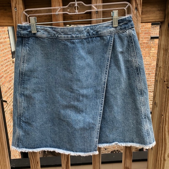 LOFT Light Wash Structured Mock Wrap Skirt - Picture 1 of 4